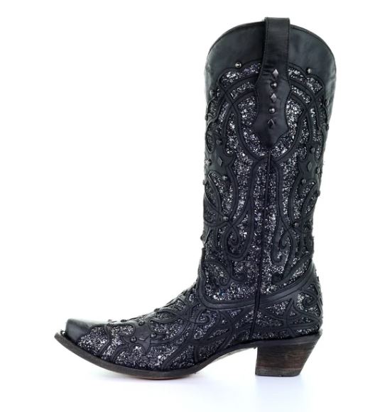 Corral Black Glitter Inlay And Studs Snip Toe Womens Boots C3423