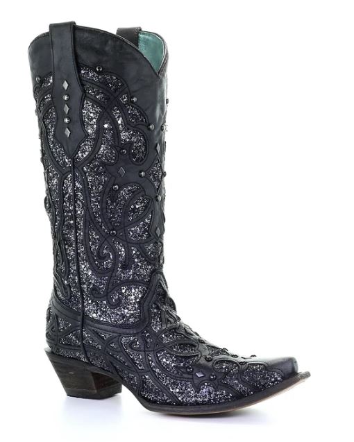 Corral Black Glitter Inlay and Studs Snip Toe Womens Boots C3423