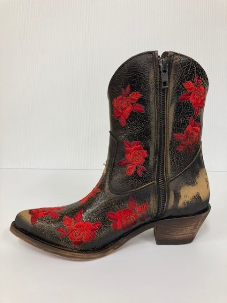 Corral Black/Red Rose Embroidery Women's Ankle Boots F1272