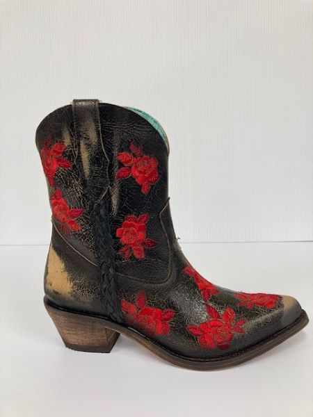 Corral Black/Red Rose Embroidery Women's Ankle Boots F1272