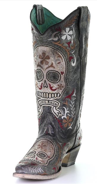 Corral Black Sugar Skull Embroidery Womens Snip Toe Western Boots E1587