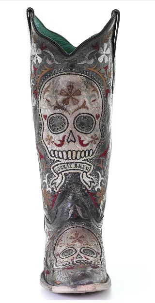 Corral Black Sugar Skull Embroidery Womens Snip Toe Western Boots E1587