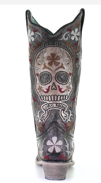 Corral Black Sugar Skull Embroidery Womens Snip Toe Western Boots E1587