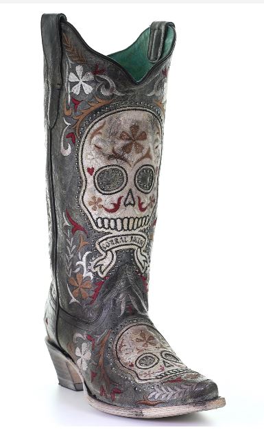 Corral Black Sugar Skull Embroidery Womens Snip Toe Western Boots E1587
