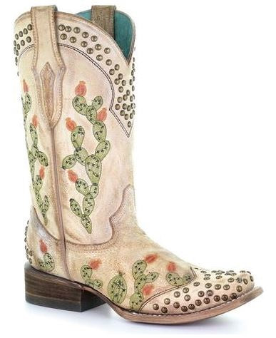 Corral Bone Women's Saddle Nopal Embroidered & Studded Cowboy Boot C3447