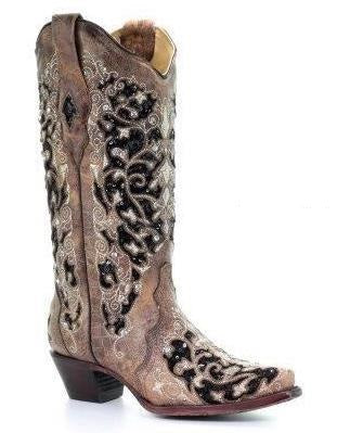 Corral Brown Black Inlay Floral Embroidery Studs and Crystals Womens Western Boots A3569