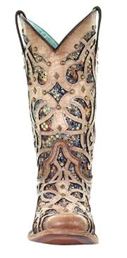 Corral Brown Bone Multicolor Inlay And Studs Square Toe Womens Boots C3405