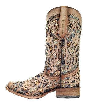 Corral Brown Bone Multicolor Inlay And Studs Square Toe Womens Boots C3405