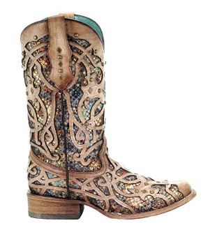 Corral Brown Bone Multicolor Inlay and Studs Square Toe Womens Boots C3405