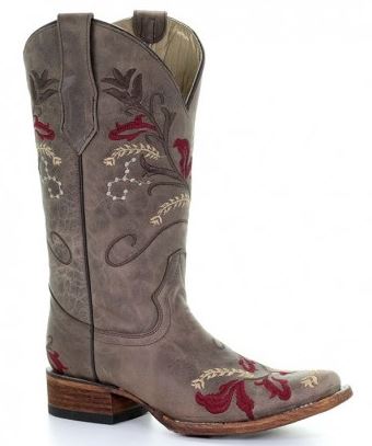 Corral Brown Floral Embroidery Square Toe Womens Boot L5387