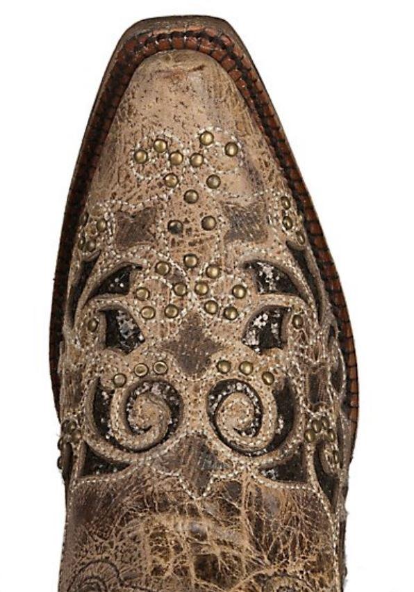 Corral Brown Glitter Inlay & Studs Womens Snip Toe Western Boots C3331