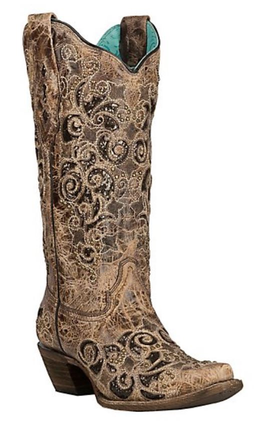 Corral Brown Glitter Inlay & Studs Womens Snip Toe Western Boots C3331