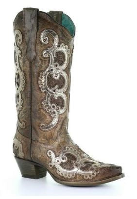 Corral Brown & Grey Overlay Embroidery & Studs Womens Boots E1509