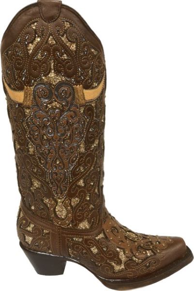 Corral Brown with Gold Glitter Inlay and Bull Skull Women's Snip Toe Western Boots with Stud Detail A4407