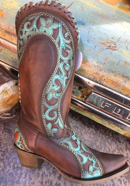 Corral Chocolate/Turquoise Overlay Woven Crystal & Studs Snip Toe Womens Western Boots E1538