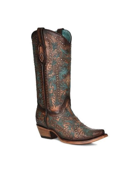 Corral Copper with Teal Embroidery and Studs Women's 13 inch Snip Toe Western Boots C3973