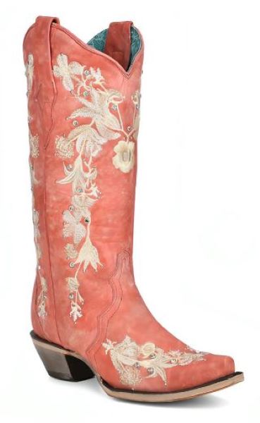 Corral Coral Floral Embroidered Womens 13 inch Western Boots A4238