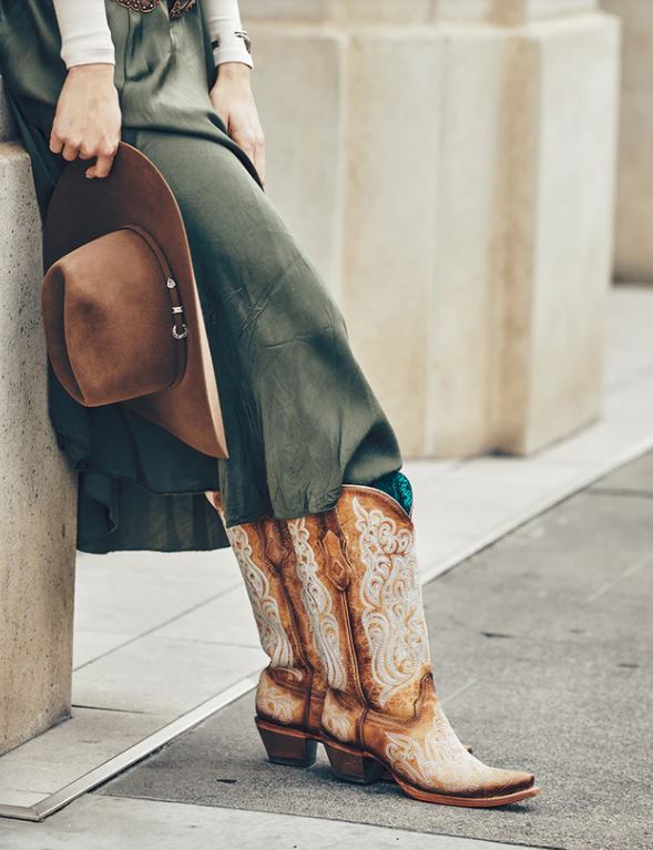 Corral Crackled Straw/Blue Luminescent Embroidery Women's 13 Inch Snip Toe Cowboy Boots C4144