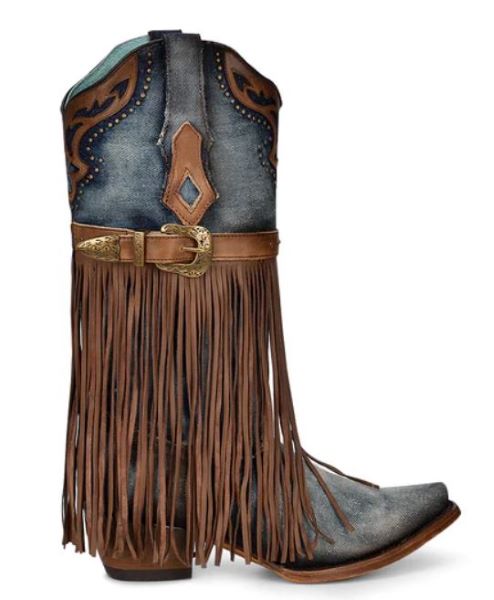 Corral Denim Harness Stud Fringe Womens Boots C3873