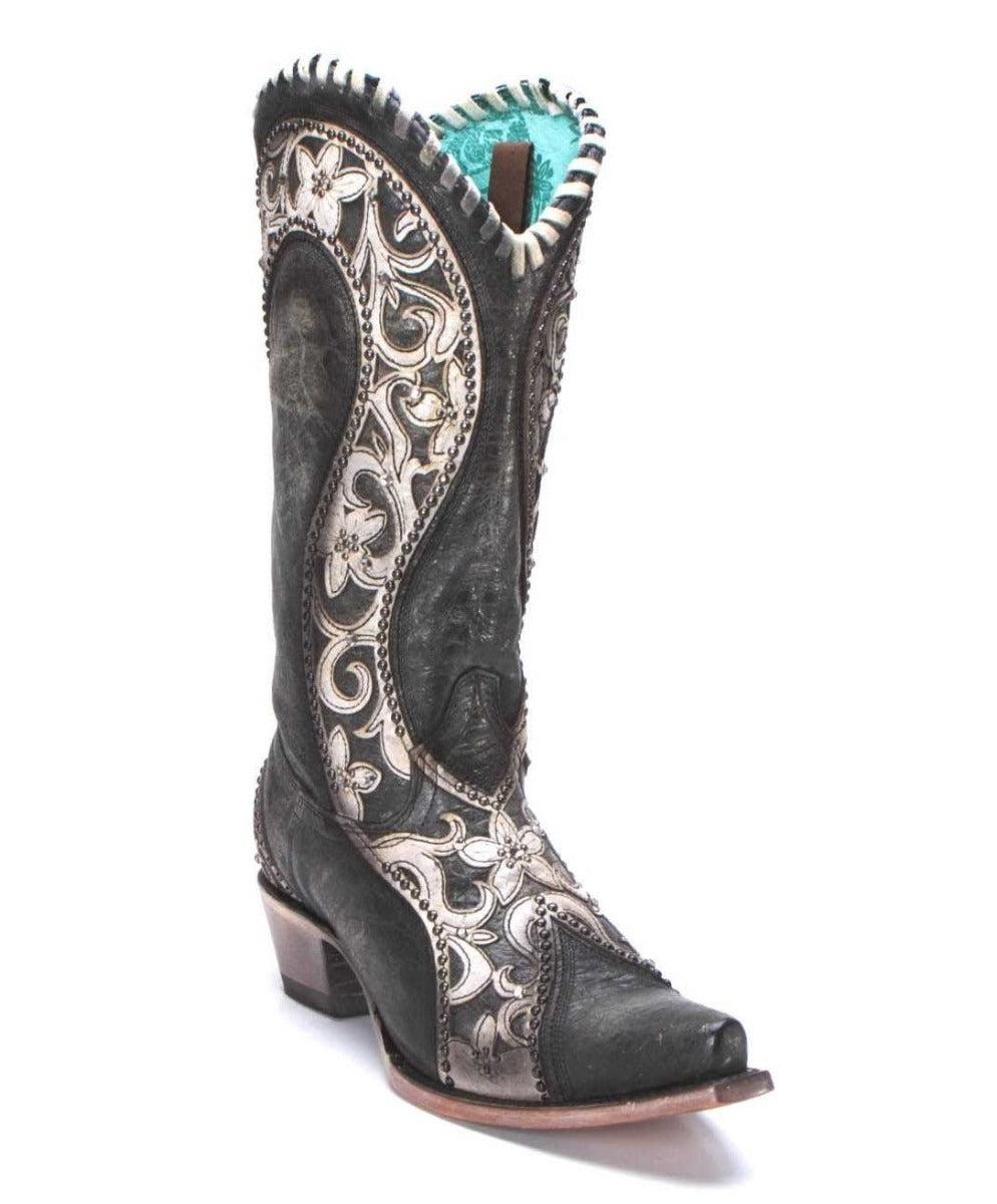 Corral Distressed Black Womens Snip Toe Western Boots E1540