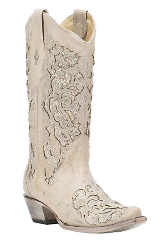 Corral Glitter and Crystal Inlay White Wedding Womens Boots A3322