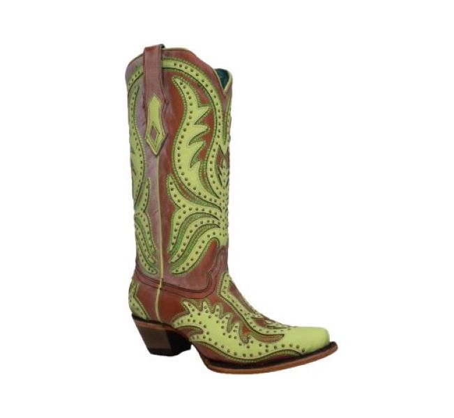 Corral Lime Green Neon Overlay Flourescent Embroidery Women's Snip Toe Boots C3971