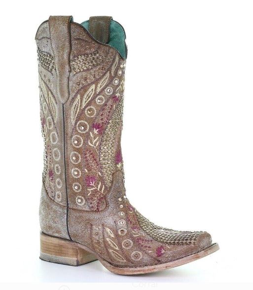 Corral Mauve Studded Floral & Crystal Square Toe Womens Western Boots E1520
