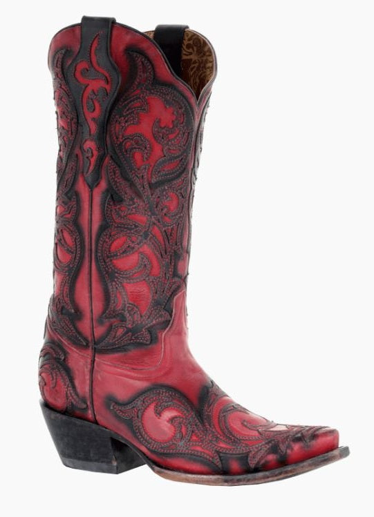 Corral Red/Black Overlay Womens Snip Toe Western Boots G1458