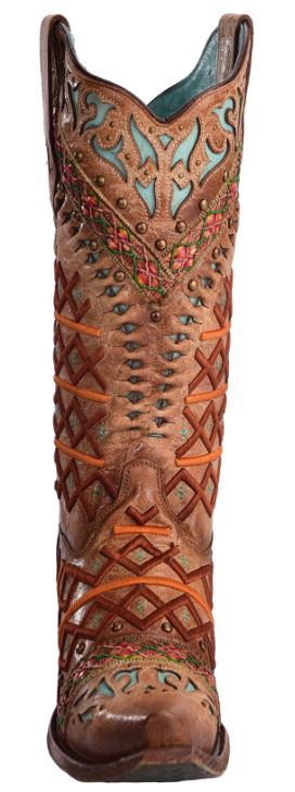 Corral Straw Inlay Embroidered Stud Snip Toe Womens Western Boots C3284