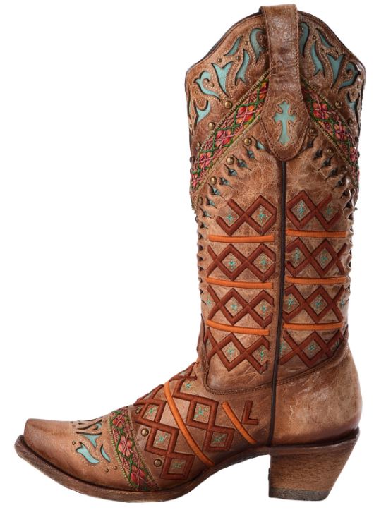 Corral Straw Inlay Embroidered Stud Snip Toe Womens Western Boots C3284