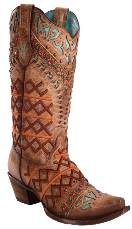 Corral Straw Inlay Embroidered Stud Snip Toe Womens Western Boots C3284