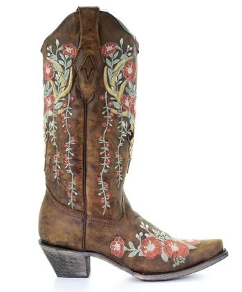 Corral Tan Deer Skull Overlay And Floral Embroidered Womens Boots A3652