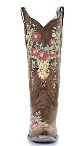 Corral Tan Deer Skull Overlay And Floral Embroidered Womens Boots A3652
