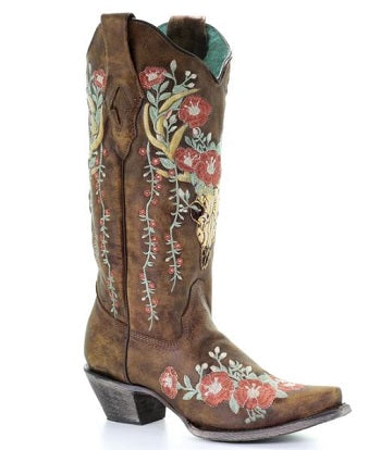 Corral Tan Deer Skull Overlay and Floral Embroidered Womens Boots A3652
