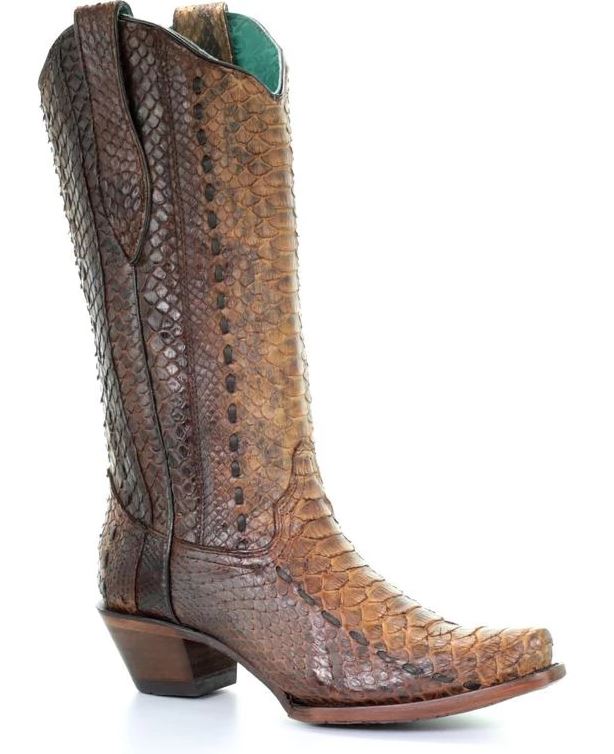 Corral Tan Handcrafted Python Womens Western Snip Toe Boots A3659