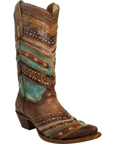 Corral Turquise/Brown Embroidery and Studs Womens Western Boots A3381
