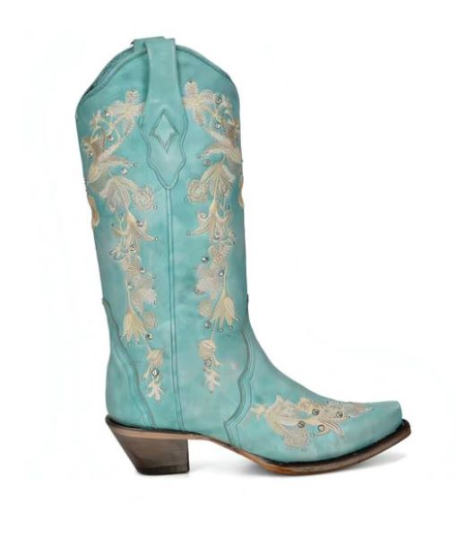 Corral Turquoise Boots With Embroidered Floral Pattern And Crystals A4239
