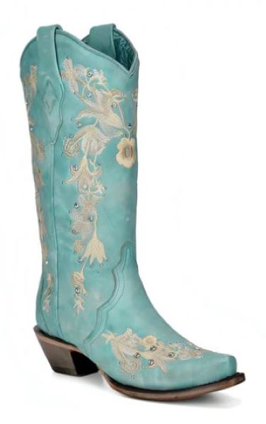 Corral Turquoise Boots with Embroidered Floral Pattern and Crystals A4239