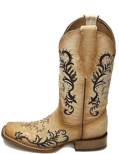 Corral White And Brown Ladies Embroidered Square Toe Western Boots L2050
