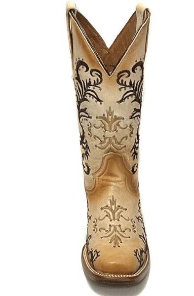 Corral White And Brown Ladies Embroidered Square Toe Western Boots L2050