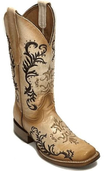 Corral White and Brown Ladies Embroidered Square Toe Western Boots L2050