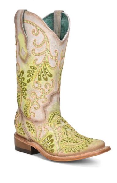 Corral White and Green Flourescent Black Light Women's Square Toe Leather Boots C3967