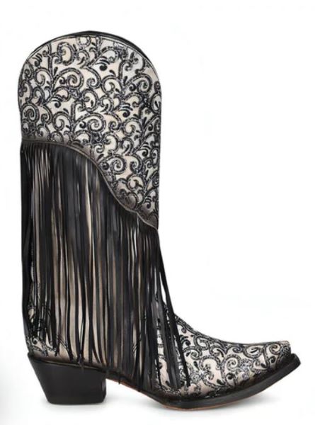 Corral White/Black Overlay 13 Inch Boots With Embroidery And Fringe C3877