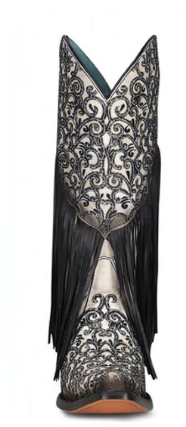 Corral White/Black Overlay 13 Inch Boots With Embroidery And Fringe C3877