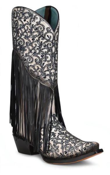 Corral White/Black Overlay 13 inch Boots with Embroidery and Fringe C3877