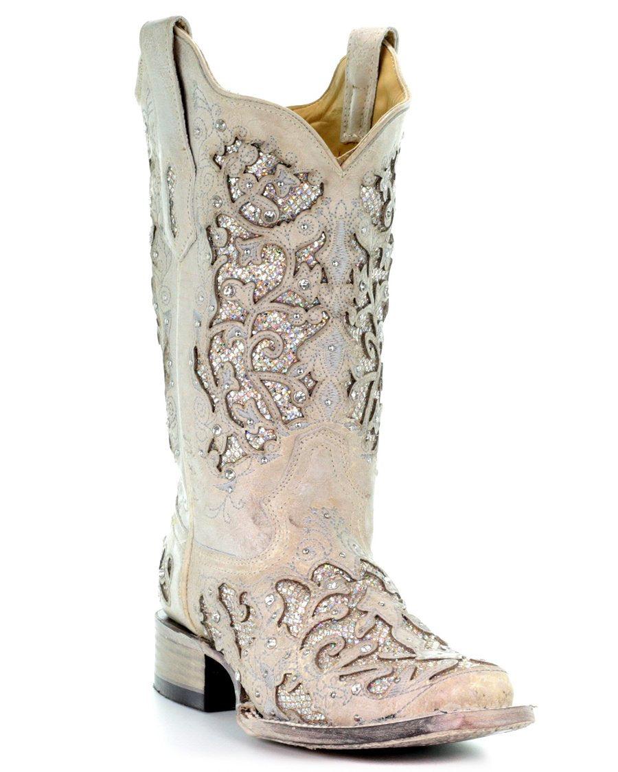 Corral White Glitter & Crystals Womens Square Toe Western Boots A3397