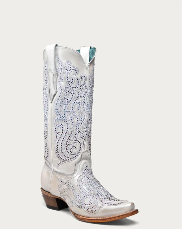 Corral White With Embroidery And Crystals Women's 13 Inch Snip Toe Western Boots C4103