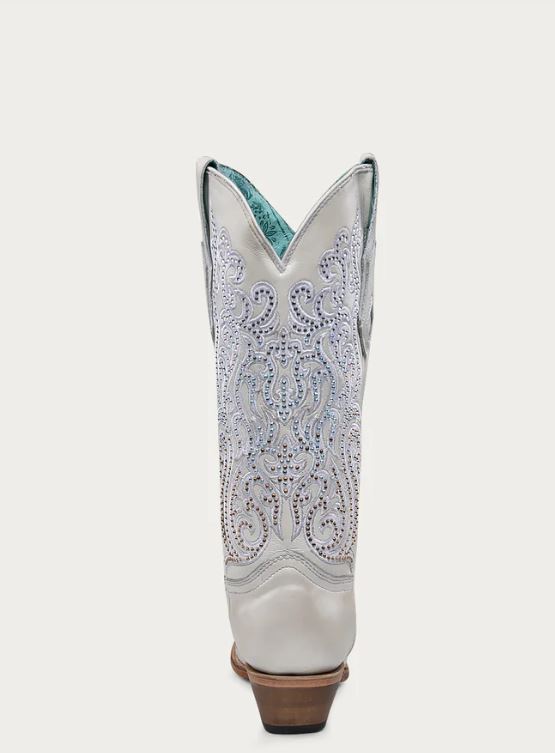 Corral White With Embroidery And Crystals Women's 13 Inch Snip Toe Western Boots C4103
