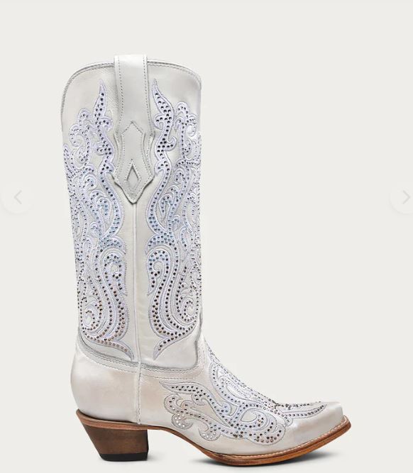 Corral White with Embroidery and Crystals Women's 13 inch Snip Toe Western Boots C4103