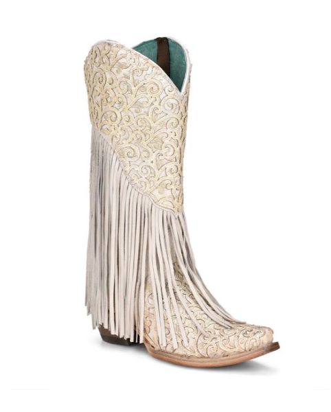 Corral White Women's 13 inch Snip Toe Leather Western Boots with Fringe C3955